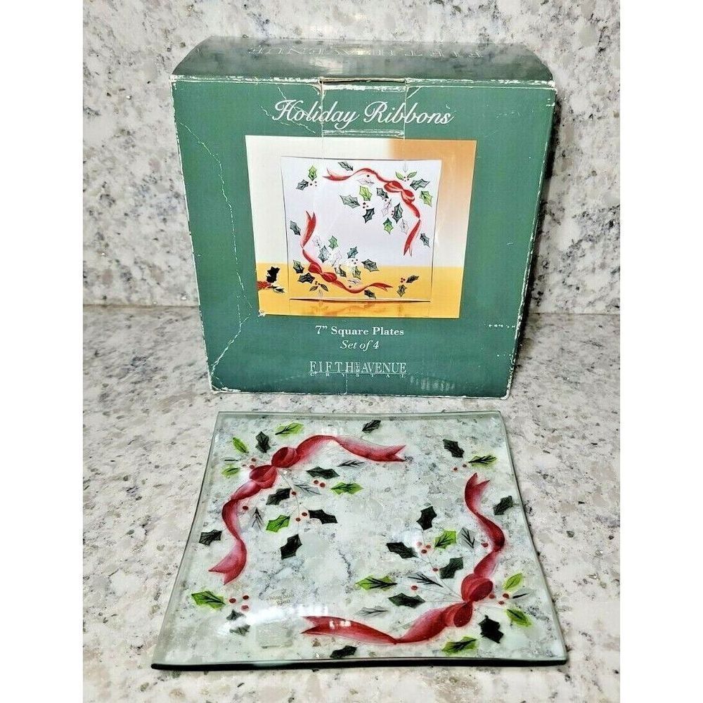 Fifth Avenue Crystal Set Of 4- 7” Holiday Ribbon‎ & Holly Dessert Plates Square